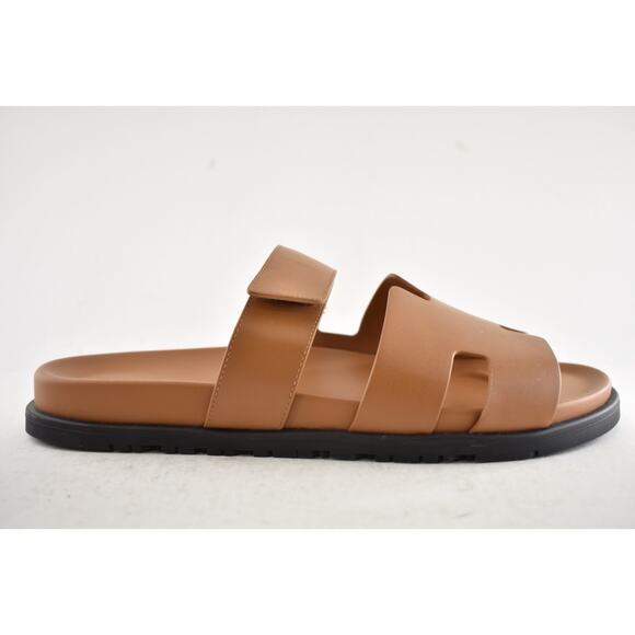 Hermes Chypre Sandal Mens Naturel Brown Gold Leather H Logo Slide Flat 45 12 - Picture 2 of 13